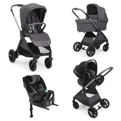 Conjunto de carrinho de bebé cinza com cadeira automóvel preta e base ISOFIX