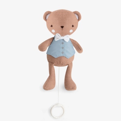 Urso de peluche castanho com colete azul e gravata branca