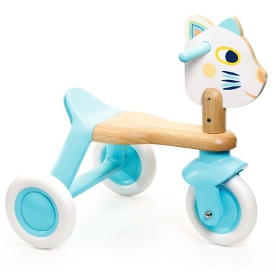 Bicicleta de equilíbrio infantil azul com madeira e cabeça de gato frontal