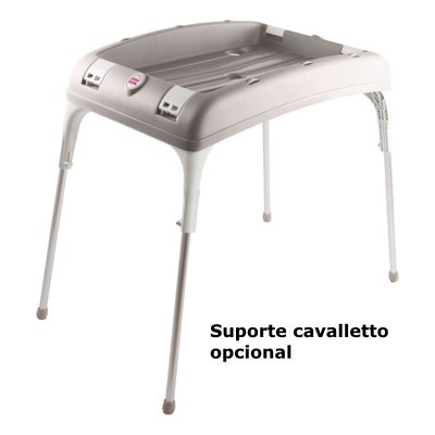 Mesa de apoio branca com pernas metálicas e texto 'Suporte cavalletto opcional'