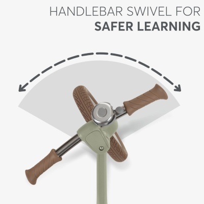 Guiador de bicicleta infantil verde com manípulos castanhos e texto sobre segurança