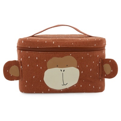 Necessaire castanha com rosto de macaco e pequenas manchas brancas