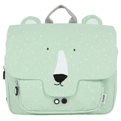 Mochila infantil verde claro com rosto de urso desenhado