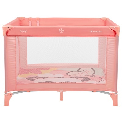 Parque bebé em tecido rosa com laterais em rede e capa almofadada com texto