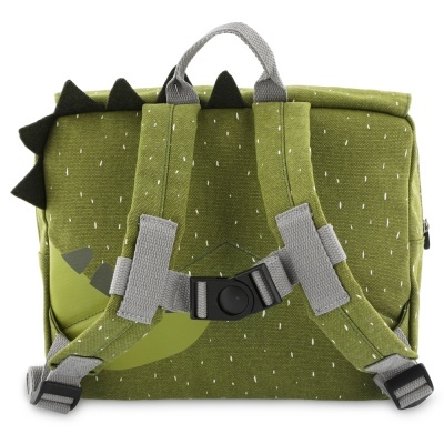 Mochila infantil verde com espinhos pretos e alças ajustáveis cinza