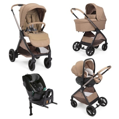 Conjunto de carrinho de bebé multifuncional bege com acessórios variados