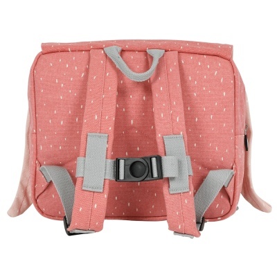 Mochila escolar rosa com alças cinza e fivela preta vista de trás