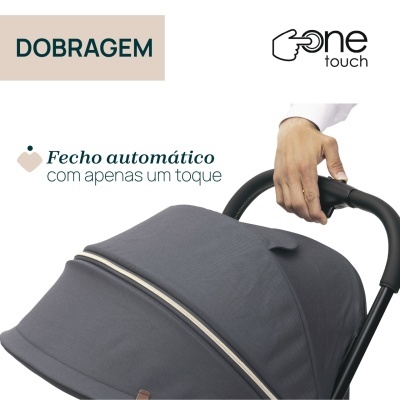 Carrinho de bebé cinzento com mecanismo de fecho automático one touch