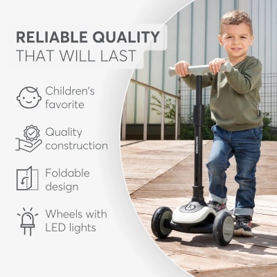 Criança a usar trotinetes com luzes LED, texto promocional em inglês