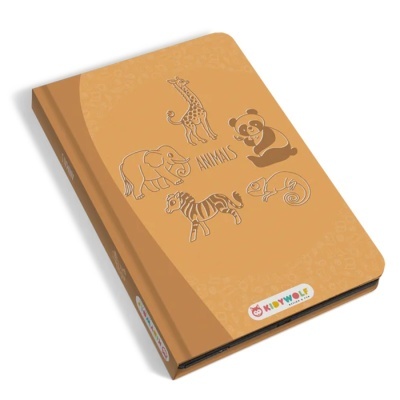 Livro infantil castanho com animais desenhados e texto ANIMALS na capa