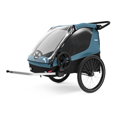 Carrinho de transporte infantil azul e preto com cobertura transparente e rodas grandes