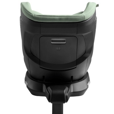 Cadeira automóvel infantil preta com acolchoamento verde claro vista de trás