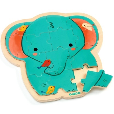 Puzzle infantil em madeira em forma de elefante azul turquesa com pássaros