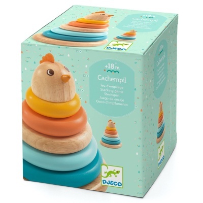 Caixa de jogo de empilhar em madeira colorido com cabeça de galinha no topo