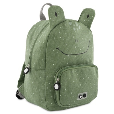 Mochila infantil verde com orelhas e rosto sorridente.