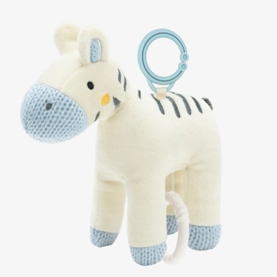 Pelúcia de zebra creme e azul com riscas pretas e anel azul