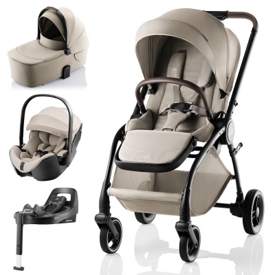 Conjunto de carrinho e acessórios para bebé em tecido bege e estrutura preta