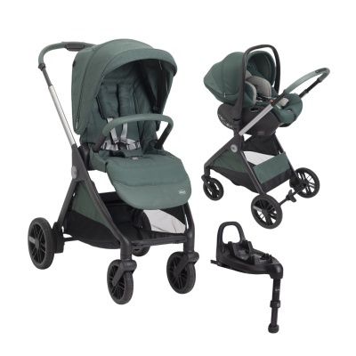 Carrinho de bebé e ovo verde escuro com estrutura preta