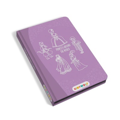 Livro infantil lilás com desenhos de princesas e texto PRINCESS AROUND THE WORLD na capa.