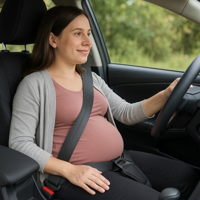 Mulher grávida no carro a usar cinto de segurança preto.
