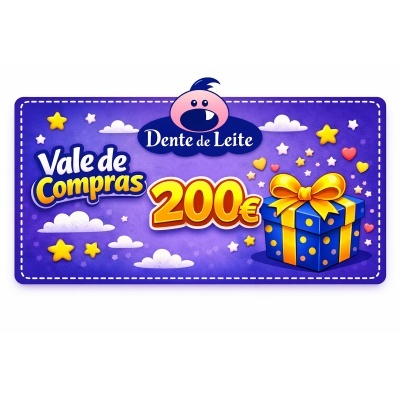 Vale de compras 200€ Dente de Leite com presente azul e laço amarelo