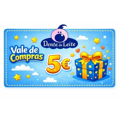 Vale de compras azul com estrelas, caixa de presente azul com laço amarelo e texto Dente de Leite 5€
