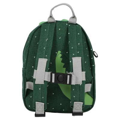 Mochila infantil verde com alças cinza e desenho de dinossauro