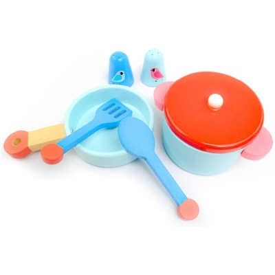 Conjunto de brinquedo de cozinha em madeira com panela, frigideira, colheres e saleiros coloridos