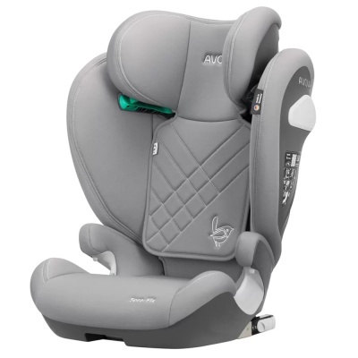 Cadeira auto cinzenta para criança com acolchoamento e apoio de cabeça ajustável.