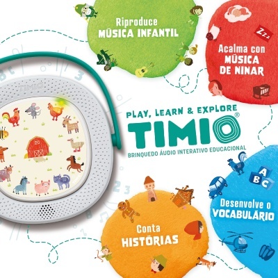 Brinquedo educativo redondo branco com bordas verdes e desenhos coloridos de animais e números, texto em bolhas coloridas em português