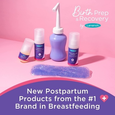 Produtos pós-parto Lansinoh em fundo rosa com texto promocional
