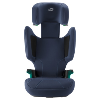 Cadeira auto para criança azul escuro com encosto alto e apoio para cabeça.