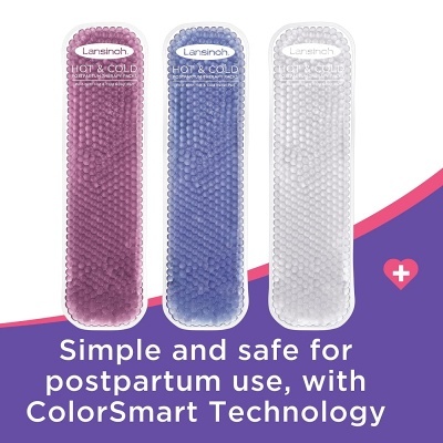 Três almofadas térmicas Lansinoh rosa, azul e branca com textura em bolinhas e texto promocional em inglês.