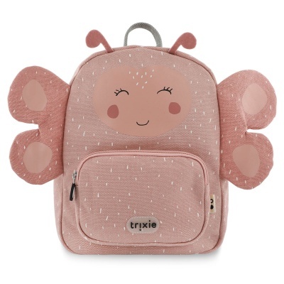 Mochila infantil rosa com asas e rosto sorridente