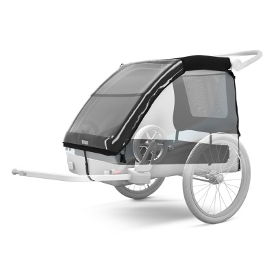 Reboque para bicicleta com tecido preto e transparente, rodas com raios e suporte frontal.