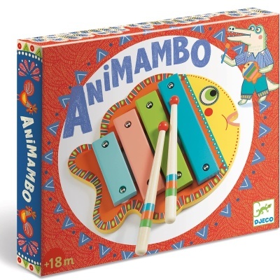 Embalagem de brinquedo xilofone em forma de peixe colorido com duas baquetas vermelhas