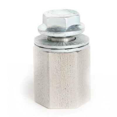 Parafuso metálico com porca num suporte hexagonal prateado