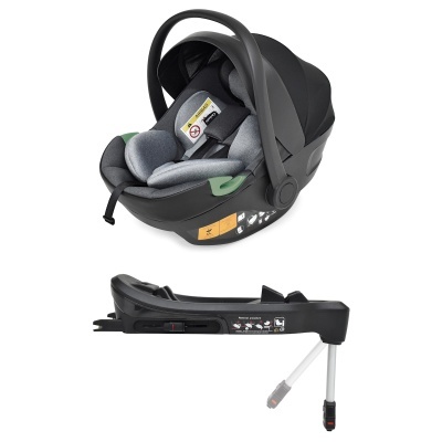 Cadeirinha de bebé cinzenta e preta com base preta para automóvel