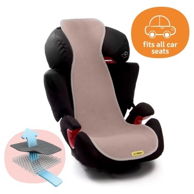 Cadeira auto preta com almofada de tecido cinzento claro e selo 'fits all car seats'