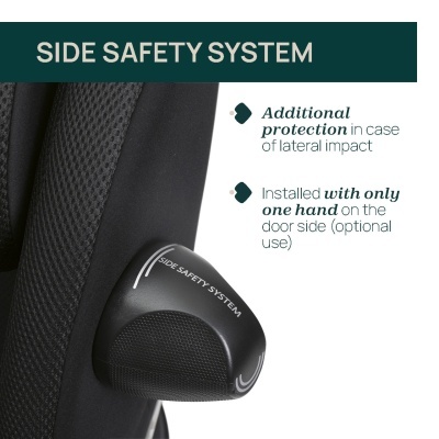 Dispositivo de segurança lateral preto com texto SIDE SAFETY SYSTEM numa cadeira preta.