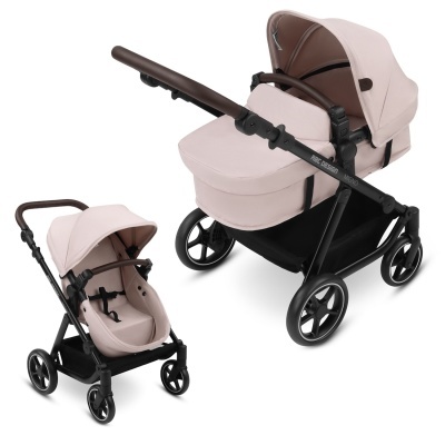 Carrinho de bebé rosa claro com estrutura preta e detalhes castanhos