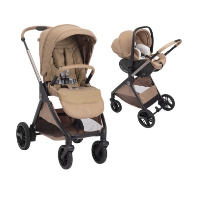Carrinho de bebé bege com assento reclinável e cadeira auto destacável