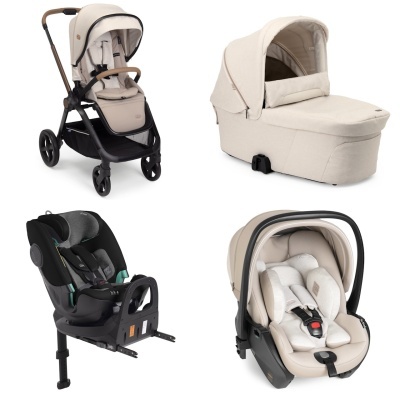 Conjunto de produtos para bebé: carrinho, moisés, cadeirão automóvel e ovo para bebé.