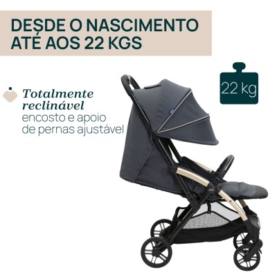 Carrinho de bebé cinza escuro com capota total reclinável e suporte ajustável de pernas.