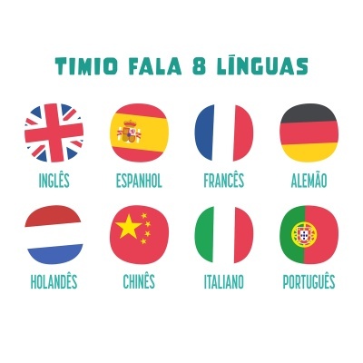 Oito bandeiras redondas de países com texto 'TIMIO FALA 8 LÍNGUAS'