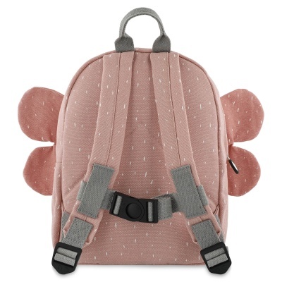Mochila infantil rosa com alças cinzentas e orelhas de tecido