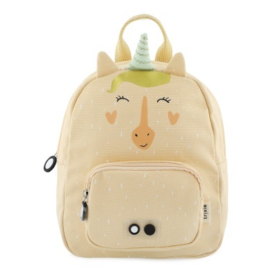 Mochila infantil bege com rosto de unicórnio e bolso frontal