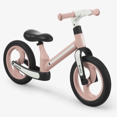 Bicicleta de equilíbrio rosa e branca com assento preto e texto BALANCE