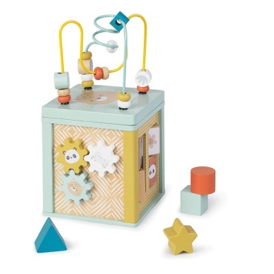 Brinquedo educativo de madeira com contas para mover sobre arames e formas geométricas de madeira