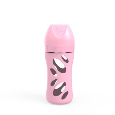 Garrafa desportiva rosa com padrão decorativo e tampa fechada em fundo branco